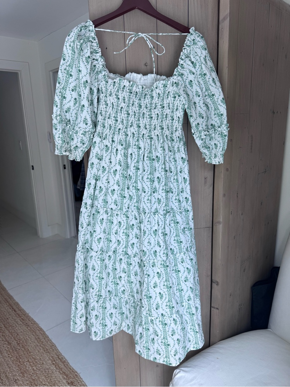 Hill House White and Green Floral Smocked Maxi Dress
